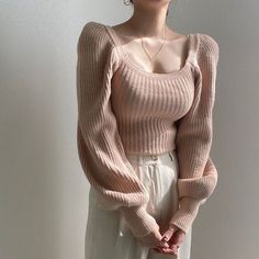 #ad Top Rated Womens Square Neck Knitted Sweater Jumper Pullover Puff Sleeve Knitwear Plain, Fashion Women's Sweaters Chique Outfit, Pull Rose, Lantern Sleeve Sweater, Top Korean, Vintage Pullover, Puff Sleeve Sweater, Vintage Pullovers, Winter Pullover, Pink Lady