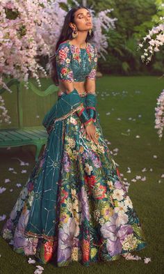 Multi-color Embellished Green Lehenga Choli Bridal Wear Green Lehenga Choli, Mehendi Outfit, Floral Lehenga, Green Lehenga, Indian Dresses Traditional, Traditional Indian Outfits, Mehandi Design, Indian Bridal Fashion, Indian Bridal Outfits