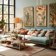 a living room filled with lots of furniture and paintings on the wall next to a window