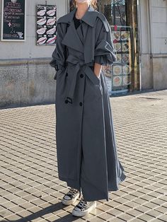 Long Sleeves Loose Buckle Buttoned Split-Back Tied Waist Lapel Outerwear Trench Coats DEEP GRAY-S Looks Hippie, Casual Trench Coat, Oversized Trench Coat, Winter Typ, Oversize Casual, Leisure Fashion, Trench Coats Women, Daily Dress, Fashion Seasons