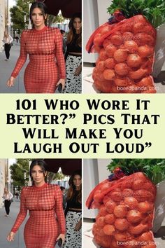 a woman in a red dress with oranges on her head and the words 101 who wore it better? pics that will make you laugh out loud