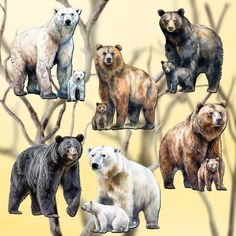 a group of bears standing next to each other on top of a tree branch in front of a yellow background