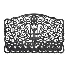 an ornate iron wall panel with birds and flowers on the top, in black color