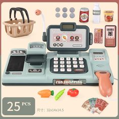 a toy cash register with lots of items around it and the words fun shopping written below