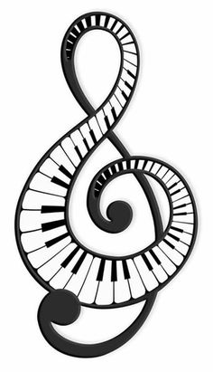 a black and white musical note with piano keys