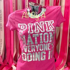 Victoria's Secret Pink T-Shirt “Pink Nation Everyone’s Doing It” 60% Cotton, 40% Polyester New With Tags Sporty Pink T-shirt With Logo Print, Spring Pink T-shirt With Logo Print, Pink T-shirt With Logo Print For Spring, Pink Graphic Tee With Logo Print, Pink Graphic Tee With Slogan, Sporty Pink T-shirt With Slogan, Sporty Pink T-shirt With Text Print, Secret Bracelet, Vs Pink Outfit