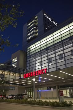 an emergency building lit up at night