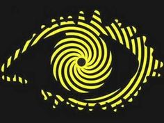 an eye is shown in the middle of a black and yellow background with swirls