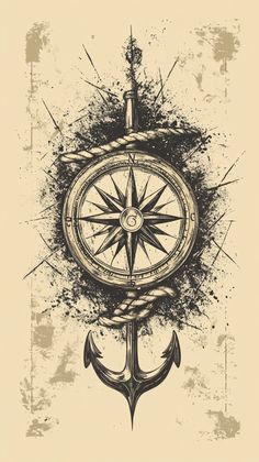 an anchor with a compass on it and some ink splatters around the edges