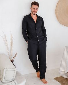 "Men's linen pajama set in black leaves your body feeling nothing but comfort while you sleep. Linen fabric is known for its natural breathability and moisture-wicking qualities, and it feels super soft on your skin. This linen pajama set includes a long-sleeve top that has a front button closure and long pants with an adjustable waistline. Discover all linen loungewear: https://etsy.me/3ynfZiF Details: * Loose fit * Waist adjustable with drawstrings * Front closure with buttons * Lightweight li Linen Pajama Set, Wrinkled Clothes, Mens Pajama Pants, Linen Pajamas, Linen Loungewear, Natural Linen Fabric, Black Leaves, Mens Linen, Mens Loungewear