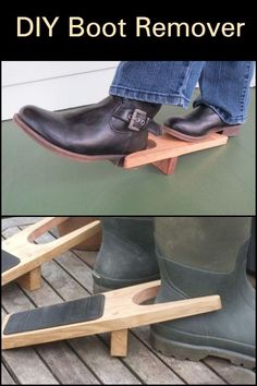 two pictures showing how to make a diy boot remover with wood and rubber