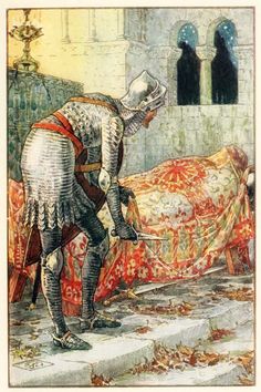 an illustration of a man in armor standing next to a bed