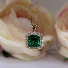 Cushion Cut Green Emerald Pendant Necklace for Ladies Emerald | Etsy Luxury Emerald Birthstone Necklace, Luxury Green Single Strand Emerald Necklace, Emerald Locket Pendant, Luxury Emerald Necklaces With Bezel Setting, Luxury Teardrop Emerald Necklace In Yellow Gold, Luxury Cushion Cut Diamond Necklace As Gift, Emerald Pendant Design, Green Necklace With Halo Setting For Wedding, Green Halo Setting Necklace For Wedding