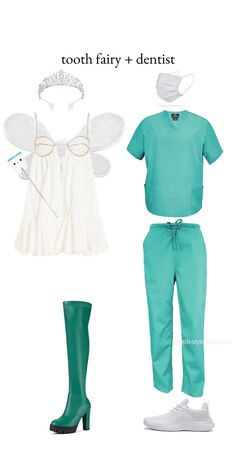 the tooth fairy and dentist costume is shown with green boots, white shirt, and blue pants