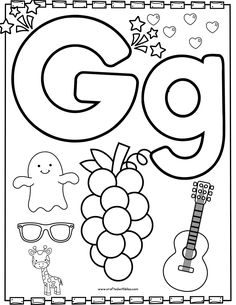 the letter g is for go coloring page with fruits and music instruments in black and white