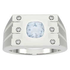 Make a statement with this aquamarine ring with diamond accents. Make a statement with this aquamarine ring with diamond accents.  Metal: sterling silver Packaging: boxed Plating: rhodium Width: 3.50 mm Finish: polishedSTONE DETAILS Stone type: aquamarine Total weight: 5/8 ct. Center stone size: 6 mm x 6 mm Shape: cushion cut Setting: flushDIAMOND DETAILS Total weight: 1/8 ct. Shape: round Setting: micro prong Diamond weights are approximate. Diamond Total Weights may vary between .01 and .13 ct Modern White Topaz Rings With Diamond Accents, Modern Diamond Ring With Birthstone, Modern Topaz Ring With Gemstone Accents, Modern Sapphire Ring With Diamond Accents As A Gift, Modern White Gold Birthstone Ring With Accent Stones, Modern Gemstone Diamond Ring For Anniversary, Modern Diamond Ring With Gemstone Accents, Modern White Topaz Diamond Ring For Formal Occasions, Formal Light Blue Diamond Ring With Center Stone