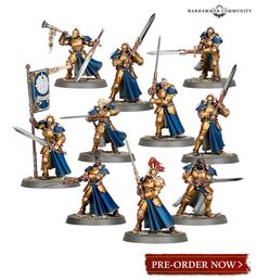 the warhammers are painted gold and blue with silver armor, swords and shields