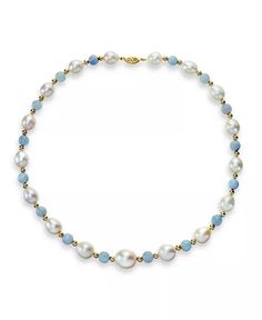 Macy's - White Freshwater Cultured Pearl (10.5-11mm) with Blue Aquamarine (8mm), and Gold Beads (4mm) 18" Necklace in 14k Yellow Gold Elegant Light Blue Single Strand Beaded Necklace, Elegant Light Blue Pearl Jewelry, Elegant Light Blue Jewelry With 8mm Beads, Elegant Blue Pearl Necklace With Polished Beads, Aquamarine Blue, Gold Beads, Aquamarine, Fresh Water, Yellow Gold