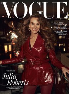 a woman in a red leather coat on the cover of a magazine