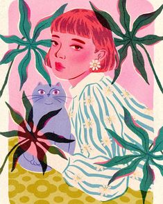 a painting of a woman holding a cat in front of green leaves and pink background