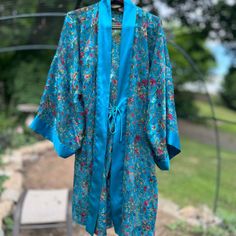 Beautiful, Nwot Beautiful Sheer Silky Fabric With Gorgeous Colorful Embroidered Flowers! Inside Tie, Pockets! Missing Belt.. The Fabric Is. Just Stunning Bohemian Blue Sleepwear For Spring, Blue Robe For Spring Daywear, Fitted Blue Sleepwear For Spring, Fitted Blue Kimono For Summer, Blue Robe For Summer Daywear, Blue Spring Robe For Loungewear, Fitted Blue Summer Kimono, Blue Printed Sleepwear For Spring, Printed Blue Sleepwear For Spring