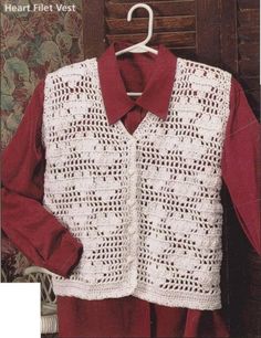 "Crochet Heart Filet Vest Pattern This fabulous vest offers a look for every mood. Whether the occasion is dressy or casual, you'll be in style when you add this vest to your outfits. Skill level: Intermediate Ladies Sizes Small, Medium, & Large    Materials Needed: 3-ply sport weight yarn 850 yds white Crochet Hook Sizes:F-5 (4 mm)  PDF file includes the Pattern & easy & large  instructions. Please note this is a PDF pattern only - not the finished item. You can open the PDF pattern with Adobe Acrobat Reader.  If you don't already have this it can be downloaded free from www.adobe.com. Any questions, please ask. No refunds on patterns, but if you have a question or problem I will be very happy to help through email Keeping it \"Sassy\"" Cheap Casual Crochet Vest, Vest Casual Outfit, Crochet Hearts, Modest Dresses Fashion, Sport Weight Yarn, Vest Pattern, Crochet Vest, Crochet Heart, Crochet Top Pattern