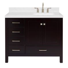 a bathroom vanity with two drawers and a white counter top on the left side of the sink