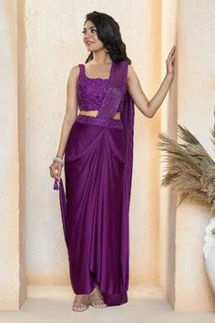 Shop for Ariyana Couture Purple Saree- Modal Satin Pre-draped Saree With Embroidered Blouse for Women Online at Aza Fashions Indian Lehangas, Grey Lehenga, Jacket Lehenga, Drape Sarees, Dress Saree, Draped Saree, Purple Saree, Letters Design, Saree Gown