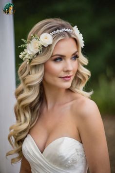 Elegante Hochzeitsfrisur für langes Haar: Weiche Wellen mit einem zarten Blumenkranz und Kristall-Haarschmuck. Der perfekte Look für eine sommerliche Gartenhochzeit. Die offene Frisur mit seitlich gesteckten Blumen verleiht der Braut eine natürliche, bohemische Ausstrahlung  #Brautfrisur #Hochzeitsfrisur #Blumenkranz #Wellenfrisur #BohoBraut #Sommerhochzeit #Brautlook #Hochzeitsinspiration #Brautstyling #Hochzeitshaar Diy Flower Crown, Wedding Hair Inspiration, Boho Hairstyles, Bride Hairstyles, Wedding Looks, Wedding Anniversary, Mother Of The Bride, Bridal Style, Summer Wedding