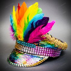 This Listing Is For A Handcrafted, Embellished Festival Party Hat With Match Rhinestone Jewelry. This Hat Is Made With Rainbow Sequins Also Decorated Rainbow Colors Feathers This Hat Includes A Combination Of Assorted Festive Gaud And Glitz; Such As Sequins, Rhinestones, Beads, Studs, Jewels; Metal, And Plastic. Color: Rainbow One Size Fits Most Adults With A Head Size 22 - 23" Circumference Can Be Worn For Men And Women. Prefect For: Burning Man| Anime Expo | Coachella | Electric Daisy Creative Hats, Neon Carnival, Black Flamingo, Carnival Parade, Birthday Hats, Electric Daisy, Hat Art, Burning Man Costume, Man Anime