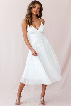 Artemis Accordion Pleat Strappy Back Midi Dress White by Selfie Leslie White Strappy Dress, Artemis Dress, Barbados Wedding, Hot Party Dresses, Ideas Fiesta, Photo Dress, Nude Strappy Heels, Palm Island, Midi Dress White