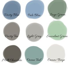 different shades of blue and green with the words dusty blue, pale blue, sage green,