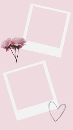 two pink flowers are in front of a white frame with a heart on the side