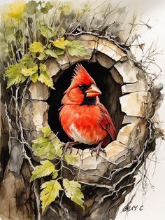 a painting of a red bird sitting in a hole with leaves around it's edges