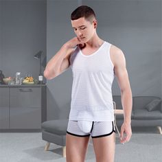 Summer Cool Down Men's Tanks & Shorts Set White Boxer Briefs For Summer Workouts, Mens Silk Pajamas, Comfort Clothing, Summer Sleepwear, Mens Pajamas Set, Tank Top Outfits, Summer Cool, Short Pj Set, Shorts Style