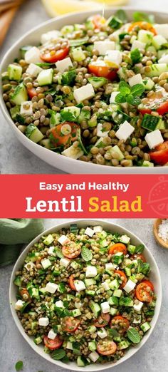 lentil salad with tomatoes, cucumbers and feta cheese