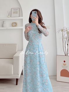 🌻This listing is for a set of 1 long dress and 1 pants. Pre-made ao dai (Vietnamese long dress) for women/girls. Material: Double layers voan/silk - Stretchy level : 0/10 🌻 The measurement of this ao dai (long dress) is in Vietnamese size (American size tends to be bigger for the same size). Please LOOK AT THE SIZE CHART CAREFULLY BEFORE ORDERING. There might have some chalk writings on the fabric due to making process. These marks can be washed away easily. 🌻🌻No returns or exchanges Buyer c Fitted Long Sleeve Cheongsam For Summer, Long Sleeve Ao Dai For Spring Wedding, Elegant Long Sleeve Spring Cheongsam, Long Blue Ao Dai For Spring, Elegant Full Length Ao Dai For Spring, Spring Wedding Ao Dai With Floral Print, Fitted Light Blue Ao Dai For Spring, Modest Full-length Spring Dresses, Spring Floral Long Ao Dai