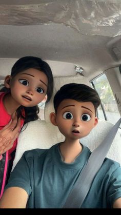 two children sitting in the back seat of a car, one holding a large knife