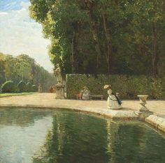 a painting of people sitting on the edge of a pond