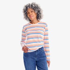 Stripe tees are a classic, but are hard to get *just* right. So we set out to make the very best. Inspired by our kids easy stripe tee, it has a relaxed crewneck and a straight but not-too-boxy fit. Fabric: 100% cotton jersey; pre-washed to minimize shrinkage. Feel: Incredibly soft and breathable. Learn more. Fit: Women’s fit styles are shorter in length and narrower in the shoulders compared to unisex fits. We use “women’s” in this context so customers can get a sense of fit, not to suggest tha Multicolor Long Sleeve Top With Vertical Stripes, Striped Long Sleeve T-shirt For Fall, Striped Long Sleeve Relaxed Fit T-shirt, Trendy Striped Long Sleeve T-shirt, Everyday Long Sleeve Tops With Contrast Stripes, Casual Long Sleeve T-shirt With Contrast Stripes, Fall Long Sleeve Tops With Vertical Stripes, Long Sleeve Tops With Horizontal Stripes For Everyday, Stripe Tee