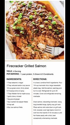 the recipe for firecracker grilled salmon is shown in this brochure