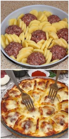 two pictures with different types of food in them, one is pizza and the other has pasta