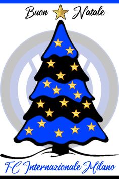 a blue and gold christmas tree with stars on it's top, in front of a