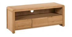 a wooden entertainment center with two drawers and a shelf on one side that is open