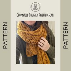 the crochet chunk knitted scarf pattern is shown with text that reads,