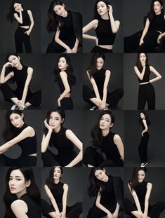 many different pictures of a woman in black clothing posing for the camera with her hands on her chin