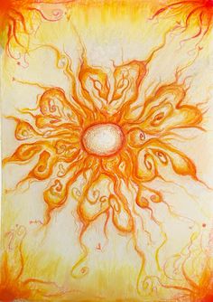 an orange and yellow painting with swirls on it