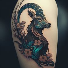 an animal with horns and flowers on the thigh