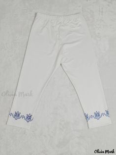 Olivia Mark - Graphic Print Elastic Waist Leggings, Casual Cropped Leggings For Spring & Summer, Women's Clothing White Non-stretch Casual Leggings, Casual Footless Pants With Elastic Waistband, White Casual Elastic Leggings, Casual White Elastic Leggings, Casual Footless Leggings For Summer, White Stretch Capris For Loungewear, White Elastic Casual Bottoms, Casual White Elastic Bottoms, Casual Elastic Footless Pants