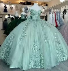 Ball Gown Sage Green Quinceanera Dresses Lace Applique Off the Shoulder MyChicDress Sage Green Quinceanera Dresses, Sage Green Quinceanera, Green Quince Dress, Green Quinceanera Theme, Green Quinceanera, Xv Dresses, Quince Themes, 15 Girls, Green Ball Gown